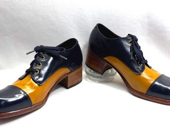 New w/box unisex 8 or 9.5 CUBAN Heels 60s blue gold logo mens sz 8 FLORSHEIM shoes DISCO Shoes Platform Florsheim Platform Shoes