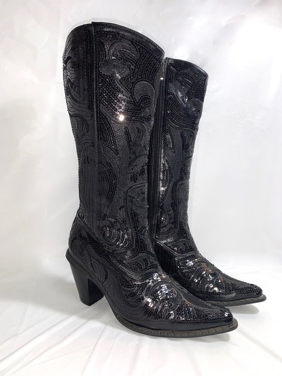 Sz 8 BLACK SEQUIN BOOTS John Fashion Boots Etsy