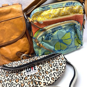 Pu&ograve; includere: Sono presenti tre borse: una borsa in pelle marrone, una borsa a tracolla con stampa floreale e una borsa verde acqua con stampa a farfalle. &Egrave; visibile anche un marsupio con stampa leopardata e la scritta "LOVE BRIGHTON".