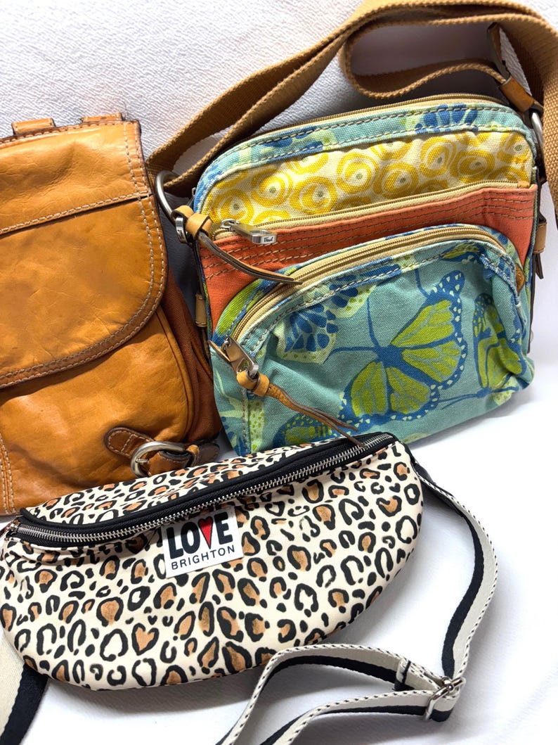 Pu&ograve; includere: Sono presenti tre borse: una borsa in pelle marrone, una borsa a tracolla con stampa floreale e una borsa verde acqua con stampa a farfalle. &Egrave; visibile anche un marsupio con stampa leopardata e la scritta "LOVE BRIGHTON".