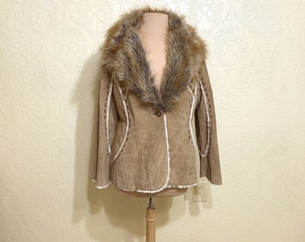 May include: A brown suede jacket with a faux fur collar. The jacket has white stitching and a single button closure.