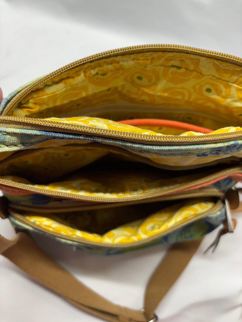 Pu&ograve; includere: Borsa a tracolla multi-scomparto con un motivo floreale nei toni del blu, verde e arancione. La borsa ha una tracolla regolabile marrone e cerniere color oro. La fodera interna &egrave; gialla con un design floreale.