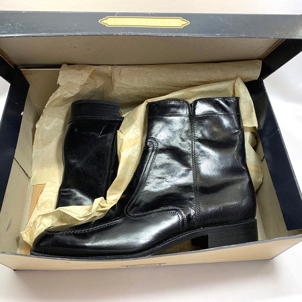 New W/Box Blue Gold Logo Black LEATHER FLORSHEIM Boots The Beatles size 9 Dress Boots Disco Boots 70's Retro Saturday Night Fever