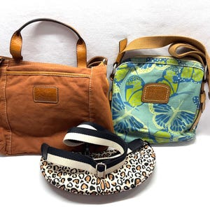 Pu&ograve; includere: Tre borse in vari stili. Una borsa tote in tela marrone con manico superiore e tracolla. Una borsa a tracolla con stampa a farfalle blu e verdi. Una borsa rotonda con stampa leopardata e cinturino a righe bianche e nere.