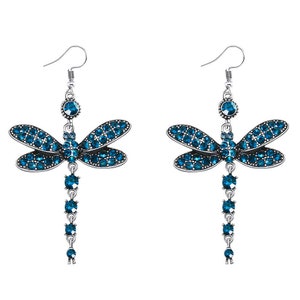 fairy earrings Blue CRYSTAL DRAGONFLY EARRINGS antiqued settings long dangle Blue cut crystal earrings