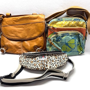 Pu&ograve; includere: Tre borse: una borsa a tracolla in pelle marrone chiaro, una borsa a tracolla fantasia con farfalle e motivi floreali e un marsupio con stampa leopardata con la scritta "LOVE BRIGHTON".