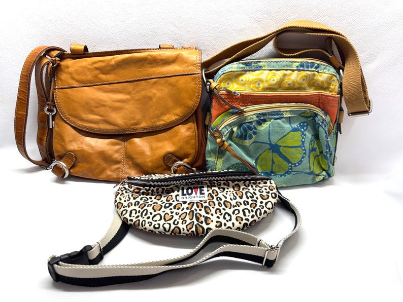 Pu&ograve; includere: Tre borse: una borsa a tracolla in pelle marrone chiaro, una borsa a tracolla fantasia con farfalle e motivi floreali e un marsupio con stampa leopardata con la scritta "LOVE BRIGHTON".