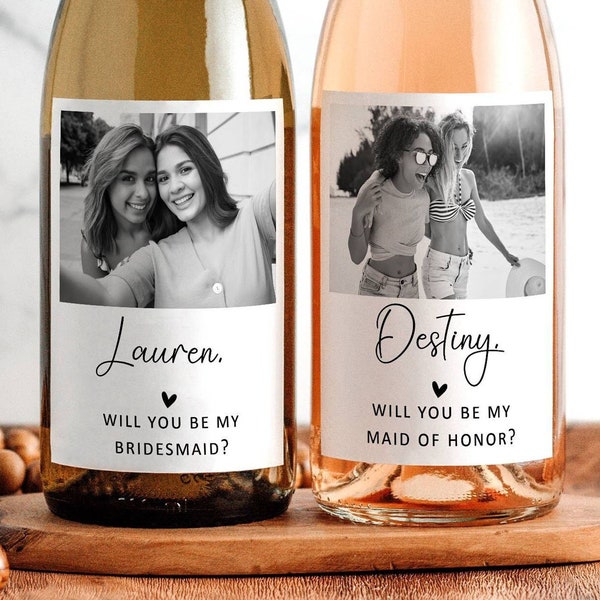 Custom Photo Bridesmaid Maid of Honor Proposal Wine Label, Minimalist Wine Bottle Sticker, Custom Name