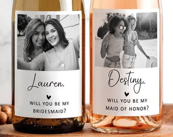 Custom Photo Bridesmaid Maid of Honor Proposal Wine Label, Minimalist Wine Bottle Sticker, Custom Name