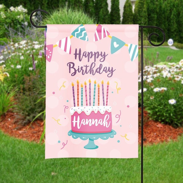 Personalized Happy Birthday Garden Flag, Birthday Cake Flag, Party Flag, Birthday Sign, Garden Decor, Yard Decor - Girls Birthday Cake