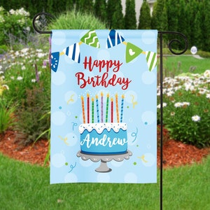 Personalized Happy Birthday Garden Flag, Birthday Cake Flag, Party Flag, Birthday Sign, Garden Decor, Yard Decor - Boys Birthday Cake