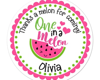 Personalized One In A Melon Stickers, Watermelon Birthday Party, One In A Melon Party Stickers, Thanks A Melon Stickers
