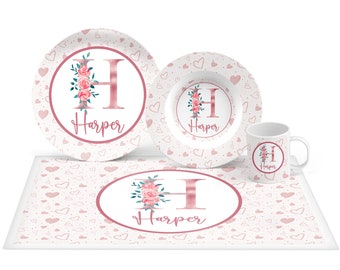 Personalized Girls Floral Roses Monogram Plate Set, Floral Rose Plate Set, Mealtime Set, Plate, Bowl, Placemat, Mug - Choose your pieces