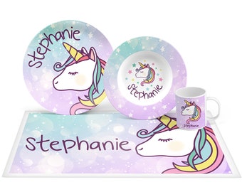 Kids Personalized Unicorn Plate Set, Unicorn Dinnerware Set, Mealtime Set, Personalized Plate, Bowl, Placemat, Mug - Choose Your Pieces