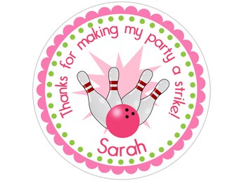 Personalized Girls Pink Bowling Stickers, Bowling Birthday Party, Bowling Party Stickers, Birthday Party Favor Thank You Stickers
