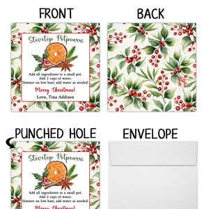 May include: A printable gift tag with a red border and a watercolor design of holly berries and leaves. The tag says "Stovetop Potpourri" and includes instructions for making the potpourri. The text also says "Merry Christmas!" and "Love, Tina Addison".