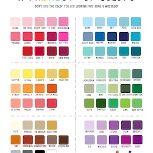 May include: A color chart with 100 different color swatches, each labeled with a name. The chart is organized by color family, with rows for red, orange, yellow, green, blue, purple, brown, and gray. The chart is titled "A Rainbow of Colors" and includes the text "Don't see the color you are looking for? Send a message!"