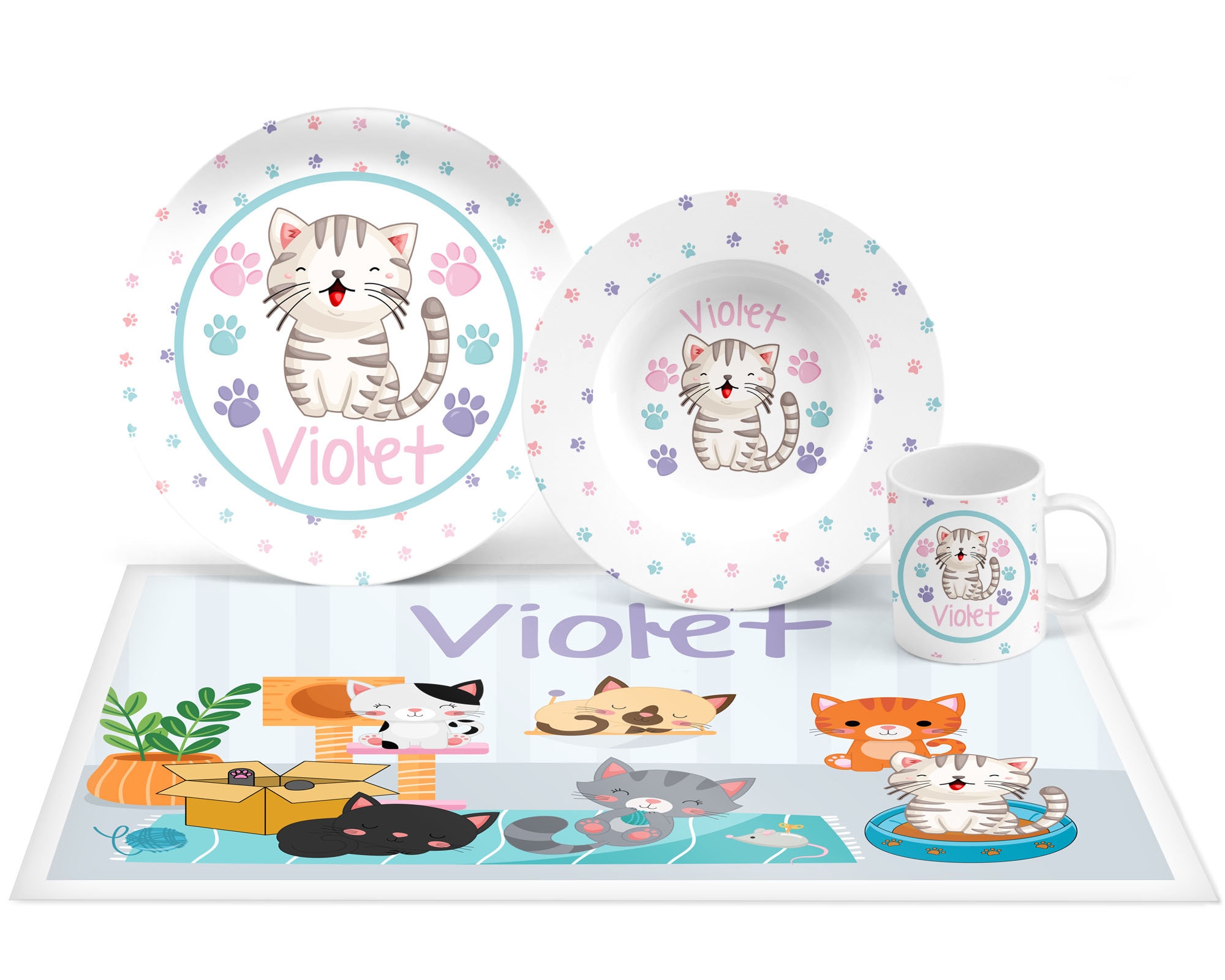Personalized Cat Plate Set, Cat Plate Set, Mealtime Set, Kids
