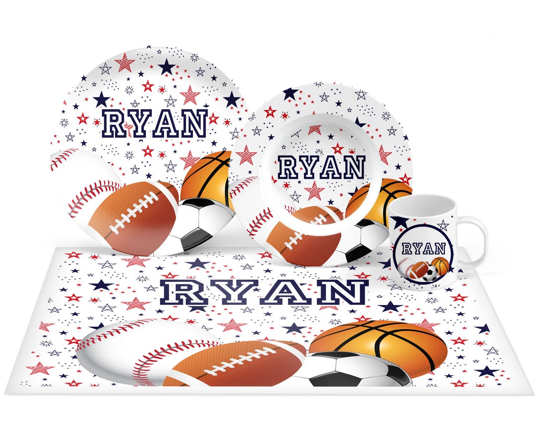 Personalized Sports Plate Set, Mealtime Set, Sports Personalized Plate, Bowl, Placemat, Mug