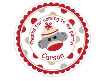 Personalized Gray Sock Monkey Polka Dot Stickers, Sock Monkey Birthday Party Stickers, Personalized Birthday Thank You Stickers