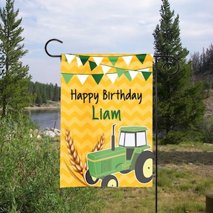 Personalized Happy Birthday Tractor Garden Flag, Birthday Flag, Tractor Party Flag, Tractor Sign, Yard Decor - Green Tractor