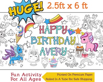 Personalized Unicorn Coloring Page, Unicorn Birthday Banner, Coloring Table Runner, Birthday Party Activity - 30" x 72" Inches