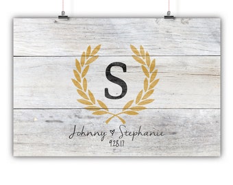 Personalized Wedding Guest Book Alternative, Wedding Distressed Monogram Wreath Guest Book Alternative Print, Framed or Canvas - White Wash