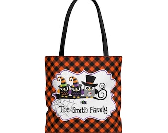 Personalized Halloween Owl Family Trick Or Treat Bag, Kids Halloween Tote Bag, Halloween Bag, Goodie Bag, Treat Bag