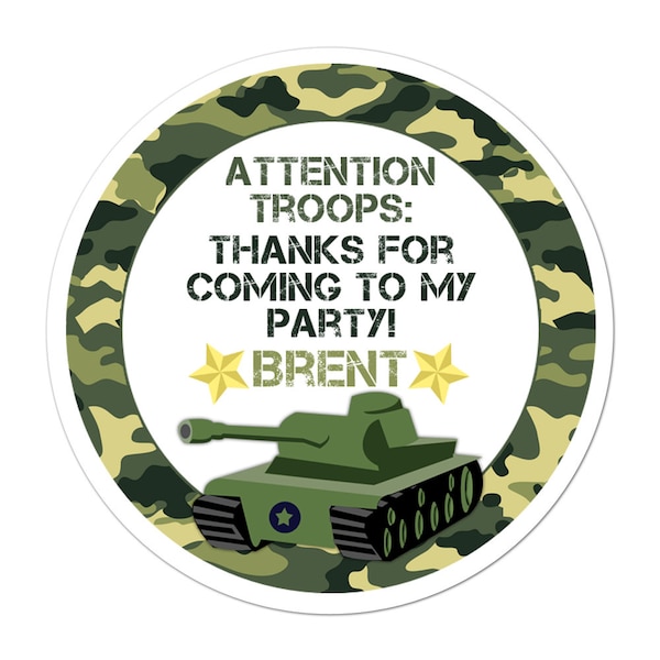 Army Stickers, Army Birthday Party, Army Party Stickers, Personalized Customized Birthday Party Favor Thank You Stickers