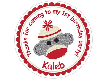 Sock Monkey Stickers, Sock Monkey Birthday Party, Party Stickers, Personalized Customized Birthday Party Favor Thank You Stickers