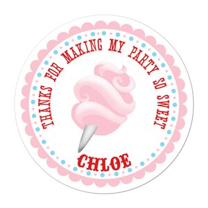 Pink Cotton Candy Stickers, Circus Birthday Party, Carnival Party Stickers, Personalized Customized Birthday Party Favor Thank You Stickers