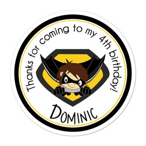 Brunette Superhero Flying Bat Boy Stickers, Superhero Birthday Party, Superhero Party, Personalized Birthday Party Favor Thank You Stickers