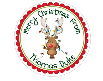 Personalized Christmas Stickers, Reindeer With Lights Christmas Gift Tag Stickers, Holiday Labels, Customized Christmas Favor Stickers