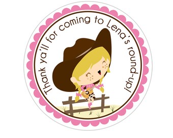 Rodeo Cowgirl Stickers, Cowgirl Birthday Party, Western Party Stickers, Personalized Customized Birthday Party Favor Thank You Stickers