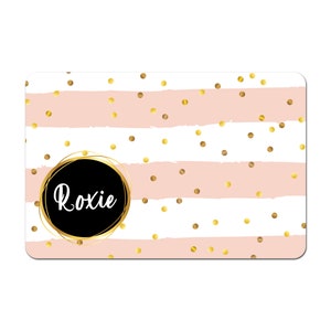 Personalized Pet Bowl Mat, Pet Bowl Mats, Pet Food Mat, Pet Mat, Pet Placemat, Dog Placemat, Cat Placemat - Pink Stripe Gold Confetti