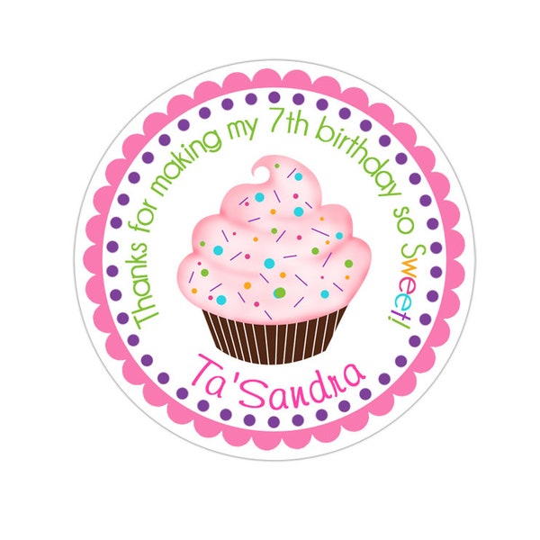 Cupcake Stickers, Cupcake Birthday Party, Cupcake Party Stickers, Personalized Customized Birthday Party Favor Thank You Stickers