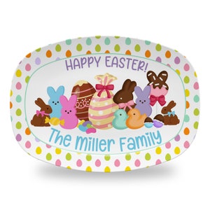 May include: White oval serving platter with a colorful polka dot pattern. The platter features a Happy Easter! greeting, a group of Easter-themed characters, and the text "The Miller Family".