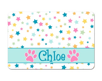 Personalized Pet Bowl Mat, Dog Lover Gift, Pet Bowl Placemat, Pet Food Mat, Dog Placemat, Cat Pet Bowl Mat - Pastel Stars