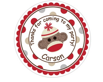 Personalized Brown Sock Monkey Polka Dot Stickers, Sock Monkey Birthday Party Stickers, Personalized Birthday Thank You Stickers