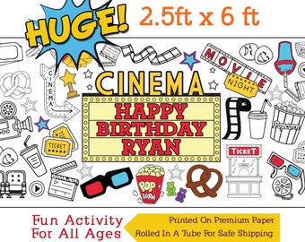 Personalized Movie Party Coloring Page, Cinema Birthday Banner, Coloring Table Runner, Birthday Party Activity - 30" x 72" Inches