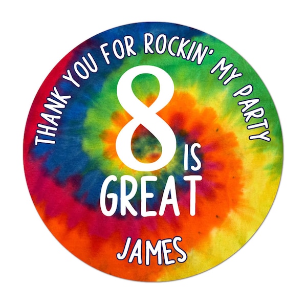 Personalized Tie Dye Stickers, Tie Dye Birthday Party, 8 Is Great Stickers, Personalized Birthday Party Favor Thank You Stickers