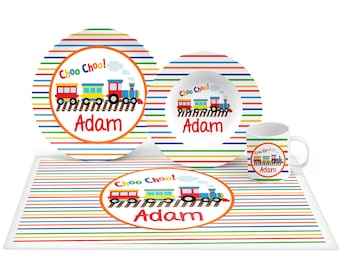 Personalized Train Plate Set, Train Plate Set, Mealtime Set, Kids Personalized Plate, Bowl, Placemat, Mug - Choose your pieces