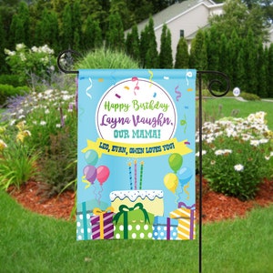 Personalized Happy Birthday Garden Flag, Birthday Cake Flag, Party Flag, Birthday Sign, Garden Decor, Yard Decor - Cake and Gifts