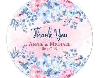 Watercolor Wedding Favor Stickers, Thank You Wedding Labels, Personalized Wedding Stickers, Wedding Favor Labels - Pink and Blue Roses