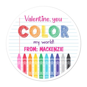 Valentines Day Stickers, Personalized Color My World Crayon Valentines Stickers, Valentine Labels,  Valentines Day Favor Stickers