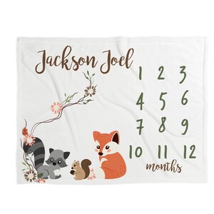 Personalized Woodland Milestone Blanket, Baby Blanket, Baby Month Blanket, Monthly Baby Blanket, Baby Shower Gift