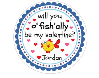 Valentines Day Stickers, Personalized Blue Goldfish Valentines Stickers, Valentine Labels,  Valentines Day Favor Stickers