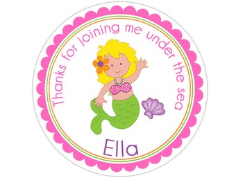 Mermaid Stickers, Mermaid Birthday Party, Mermaid Party Stickers, Personalized Customized Birthday Party Favor Thank You Stickers