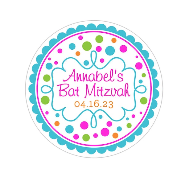 Bat Mitzvah Stickers, Bat Mitzvah Labels, Personalized Bat Mitzvah Thank You Stickers - Polka Dots