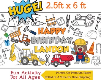 Personalized Construction Coloring Page, Coloring Table Runner, Dump Truck Birthday Banner, Birthday Party Activity - 30" x 72" Inches
